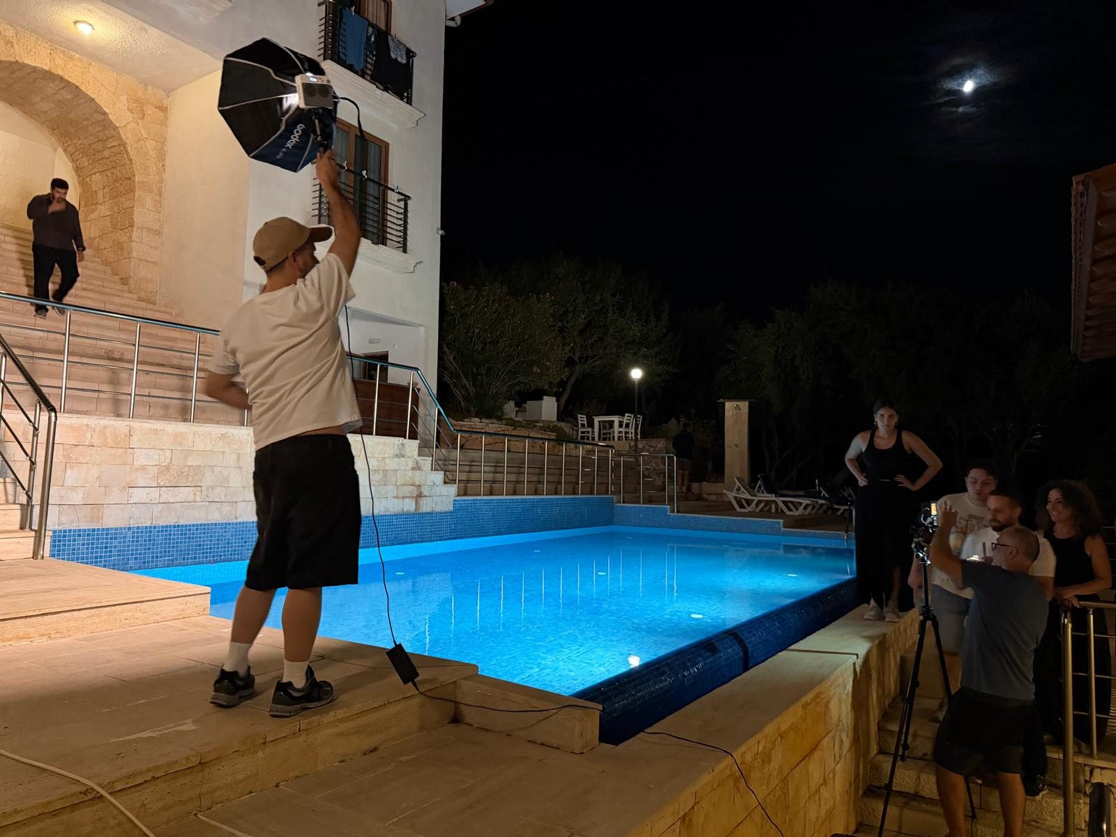 Night shoot by a pool in Kaş, short film set, 2026