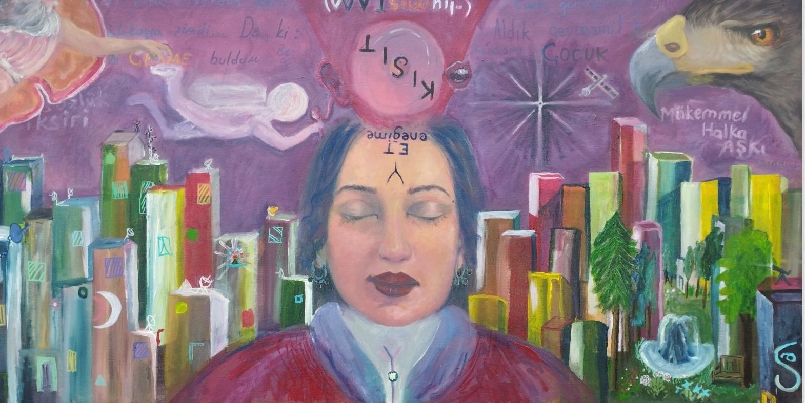Uzun Hikaye (A Long Story), acrylic painting: a woman with closed eyes between colourful city towers